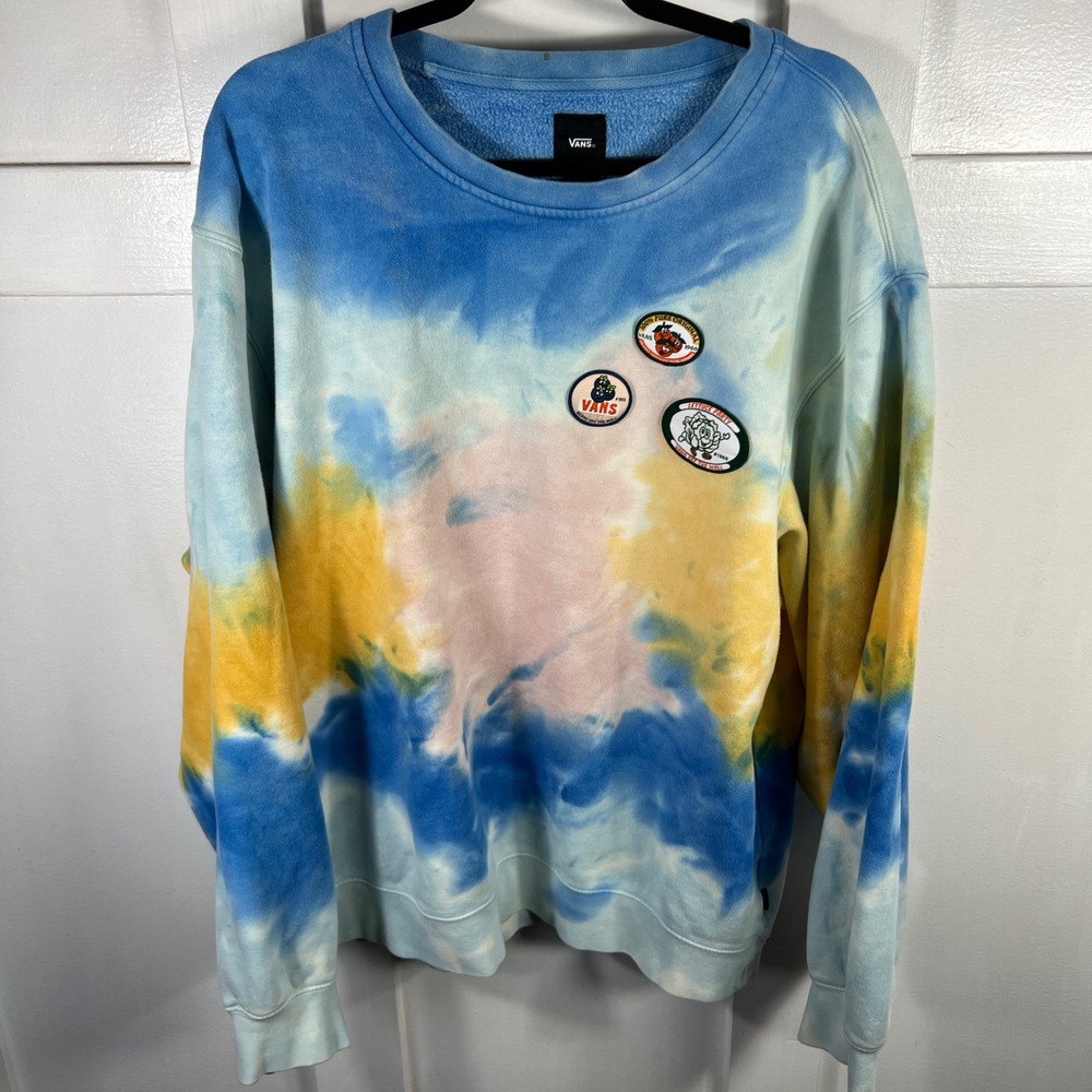 Vans Mens XL Tie Dye Graphic Patch Crewneck Sweatshirt Blue Yellow Pink Pullover